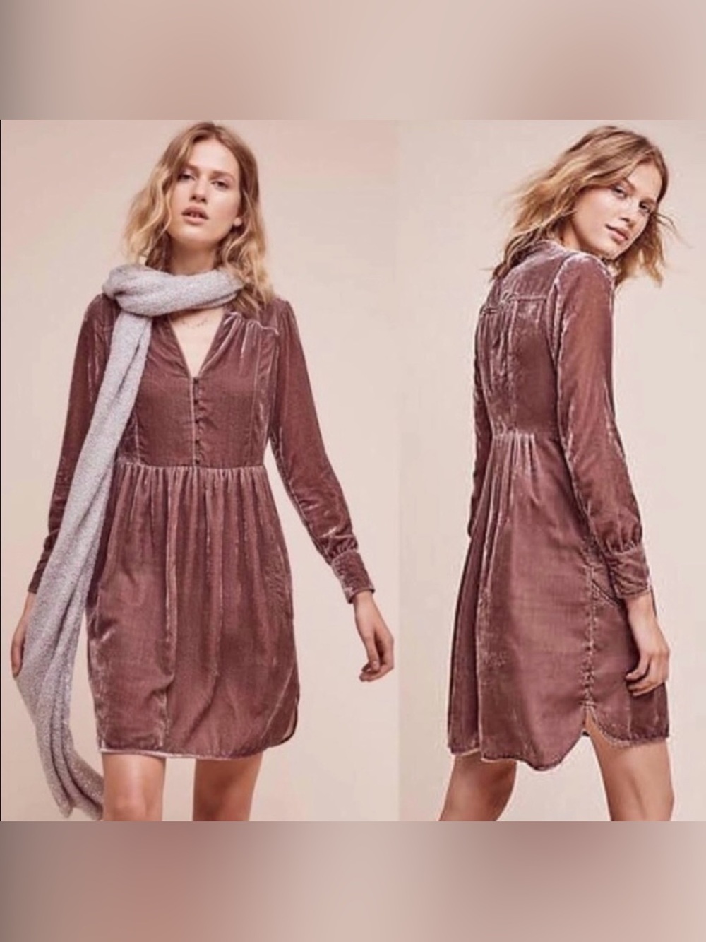 Holding Horses Anthropologie Velvet Babydoll Dress Mauve Brown Small